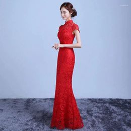 Etnische kleding Fishtail kant Verbeterde Cheongsam dames zomer Chinese rode trouwjurken lange sexy slanke qipao jurk 4xl 5xl