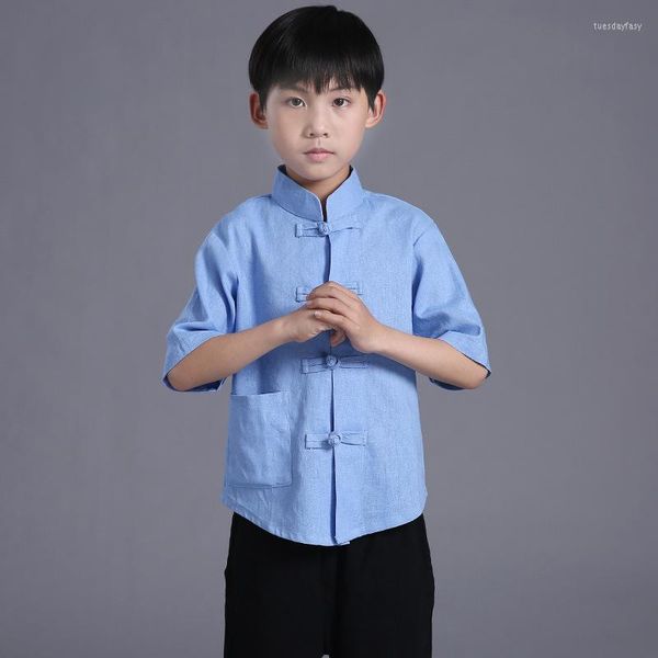 Ropa étnica de lino para niños, disfraz de Kungfu, uniforme de Tai Chi para niños, traje Tang chino de artes marciales para el verano Wushu 12