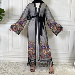 Vêtements ethniques broderies florales dentelle Abayas pour femmes arabe musulman middle orient dubai ouvert kimono tassel cardigan luxe maxi robe