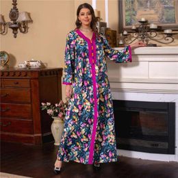 Ropa étnica Estampado floral Vestido musulmán Mujeres Hijab Eid Mubarak Abaya Dubai Árabe Turquía Marruecos Kaftan Vestido de fiesta islámico Jalabiya