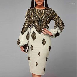 Etnische kleding Bloem gedrukte Puff Sleeve Bodycon Jurk Women 2023 Autumn Vintage O Neck Elegant Party Office Slim Work Dresses Vestidos