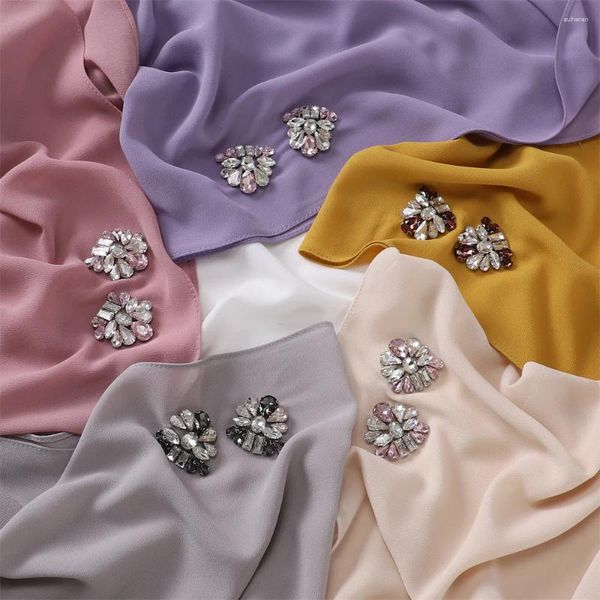 Vêtements ethniques Floral Strass Mousseline de soie Femme musulmane Voile Doux Premium Long Châles Bonne couture Foulard Femme Hijabs Plaine Femme