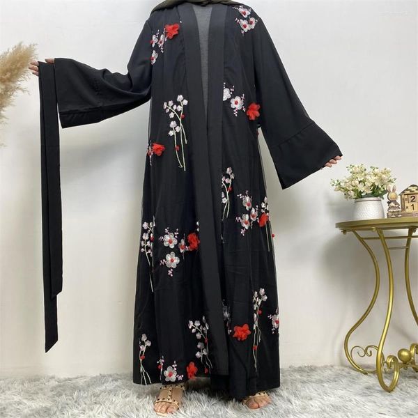 Ropa étnica flor bordada abierta Abaya Dubai mujeres Maxi vestido musulmán Eid Abayas Kimono cárdigan túnica islámica Jalabiya Kaftan