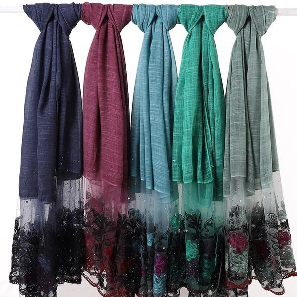 Flor de ropa étnica bordado de encaje Hijab con rianas de algodón musulmán de algodón para mujeres Bufandas de velo de velo 2024