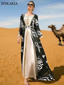 Vêtements ethniques Fleur Broderie Deux Pièces Abaya Ensemble Gilet Robe Longue Avec Ceinture Kimono Eid Musulman Dubaï Marocain Kaftan Arabe Femmes