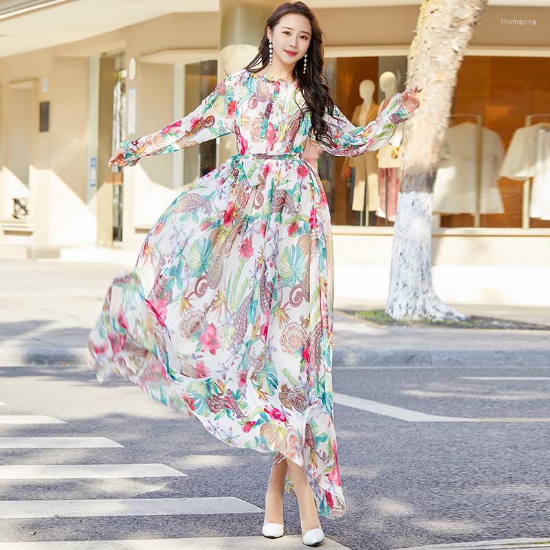 Etniska kläder flödande andningsbara chiffong Long Maxi Dress Floral Printed Loose Fashion Abaya Islamiska kläder Muslimska kvinnliga arabiska Vestidos