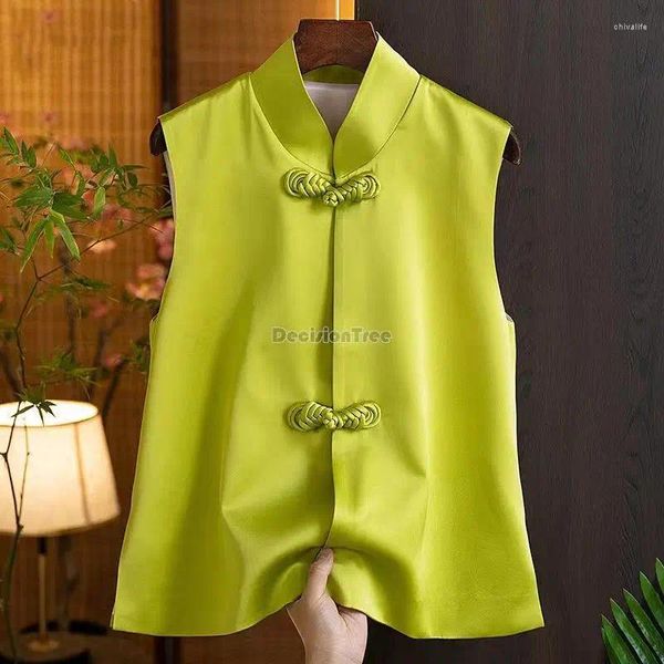 Ropa étnica Verde fluorescente Tradicional Chino Top Diario Mujeres Chaleco Oriental Sin mangas Chaleco Disco Hebilla Tang Traje Qipao