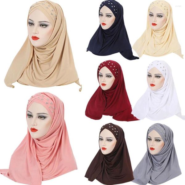 Ropa étnica Frente Cruz Cabello Abrigo Bufanda Color Sólido Brillo Rhinestone Jersey Hijabs Musulmán Diadema Mujeres Turbante Cap Pañuelo 2023