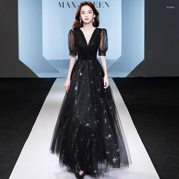 Vêtements ethniques français noir maille robe de soirée formelle été femmes Banquet chinois Qipao Cheongsam élégant manches bouffantes Maxi bal