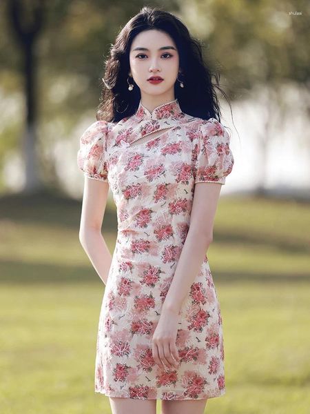 Ropa étnica Corte francés Hueso Pequeño Cheongsam Primavera y verano Vestido mejorado Chica joven Corta Sexy