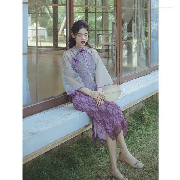Ropa étnica encaje francés Cheongsam Tops elegante púrpura Halter Vestido 2 piezas conjunto mujeres Ao Dai Vietnam Vestido chino tienda en línea
