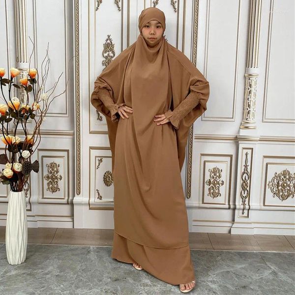 Ropa étnica Cubierta completa Burqa Caftan Mujeres musulmanas Ropa de oración 2 piezas Conjunto Vestido islámico Hijab Khimar Abaya Eid Falda Ramadán Modesto