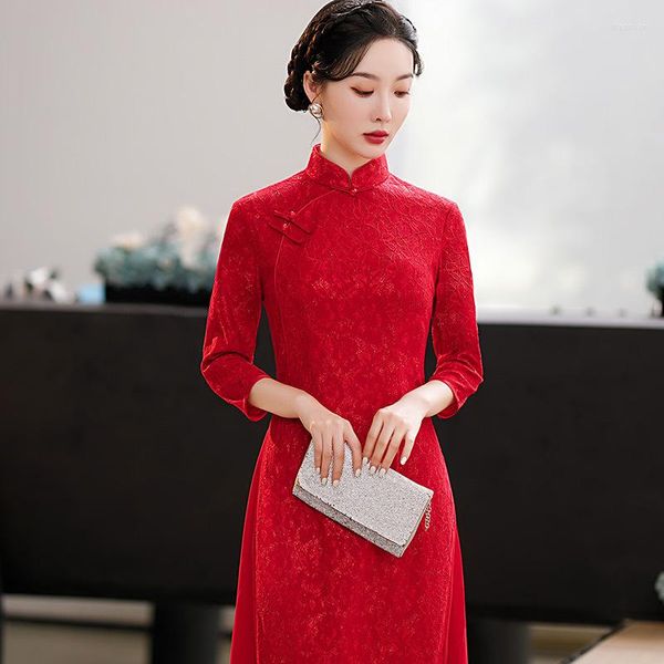 Ropa étnica, vestido Qipao de encaje de deslizamiento completo con botón Vintage, vestidos Cheongsam chinos para mujer, vestido de fiesta Formal rojo con cuello mandarín