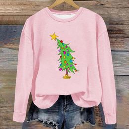 Vêtements ethniques drôles d'arbres de Noël chemises d'impression pour femmes à manches longues graphiques pull-overs surdimensionnés sweat-shirts à col ras du cou