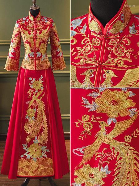 Vêtements Ethniques FZSLCYIYI Femmes Anciennes Robe De Mariée Or Ligne Broderie Phoenix Floral Chinois Mariée Mariage Cheongsam Costume Classique
