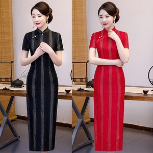 Etnische kleding fzslcyiyi zwarte rode cheongsam vrouwen lange kant qipao Chinese jurk qi pao feest elegante hoogwaardige vintage 4xl