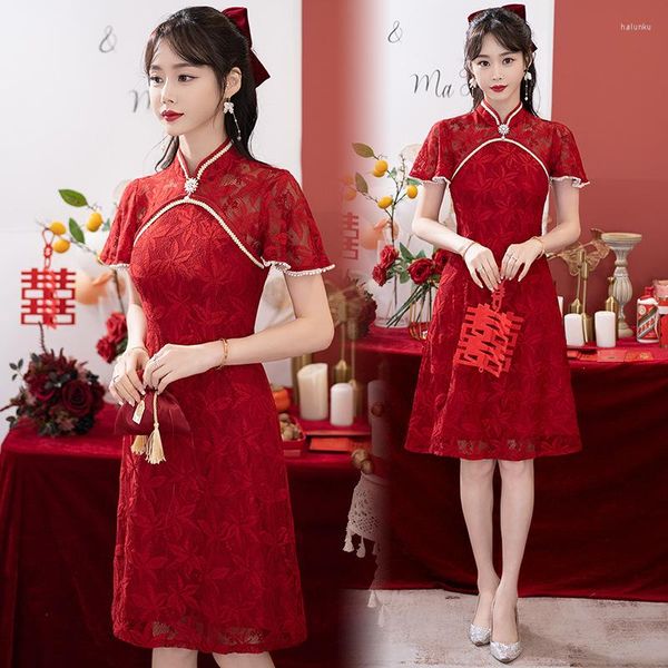 Vêtements Ethniques FZSLCYIYI Bordeaux Sexy Col Mandarin Mousseline de Soie Qipao Garniture Perlée Manches Volantes Cheongsam Chinois Robe de Soirée Quotidienne