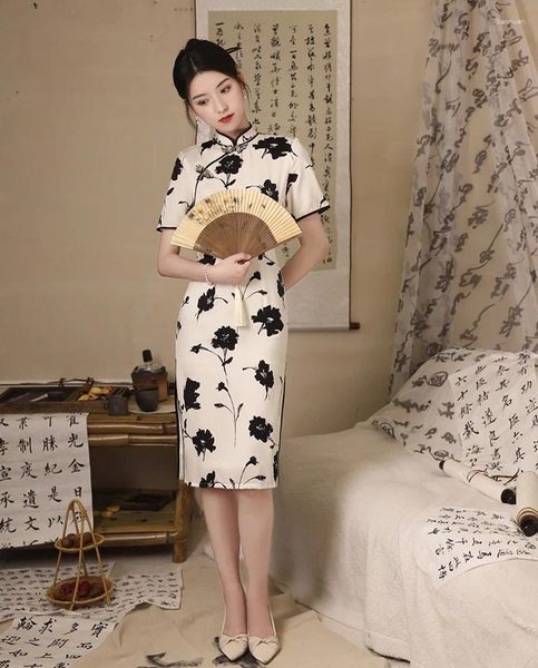 Vêtements ethniques FZSLCYIYI Collier Mandarin Chinois Noir Imprimé Floral Satin Cheongsam Boutons Traditionnels Faits À La Main Qipao Soirée Quotidienne