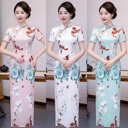 Vêtements Ethniques FZSLCYIYI Style Chinois Col Mandarin Sexy Mince Long Qipao Imprimer Satin Cheongsam Classique Soirée Robe De Soirée Vestidos 4XL