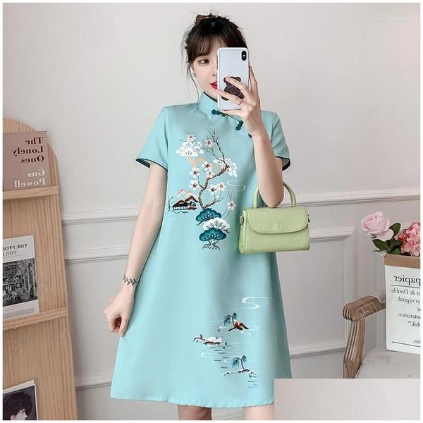 Vêtements ethniques fzslcyiyi lac bleu lâche mode moderne cheongsam robe femme courte manche qipao vêtements de style chinois traditionnels dhmt9