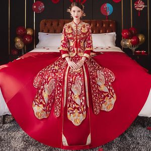 Ropa étnica FZSLCYIYI Phoenix bordado diamantes de imitación borla elegante novia novio matrimonio Qipao vestido de boda chino Cheongsa traje