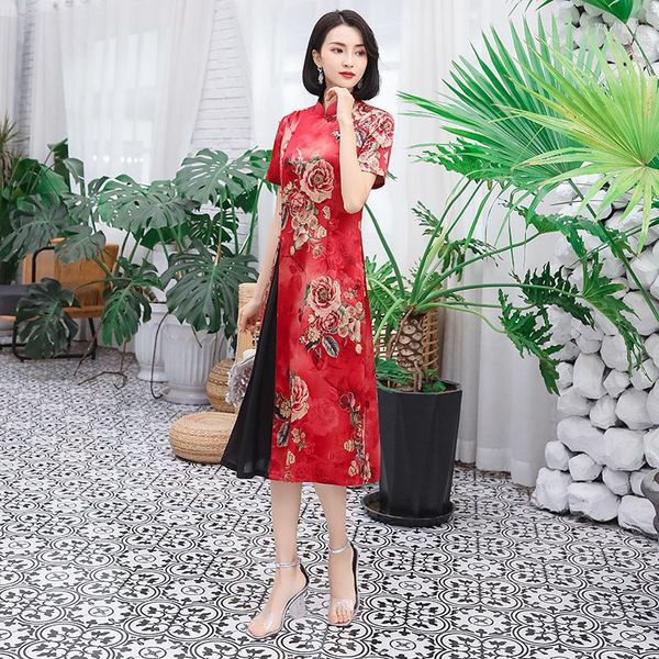 Vêtements Ethniques FZSLCYIYI Rouge Vintage Style Chinois Ao Dai Impression Rayon Cheongsam Robe Femme Qipao Traditionnelle Taille M - 4XL