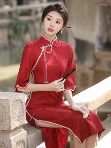 Etnische Kleding FZSLCYIYI Rode Vintage Flare Mouw Chiffon Vrouwen Qipao Chinese Mandarijn Kraag Femme Kant Cheongsam Jurk