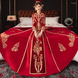 Etnische kleding fzslcyiyi pailletten kralen borduurwerk bordeaux velours Chinese bruid bruidegom trouwjurk cheongsam elegant huwelijk qipao