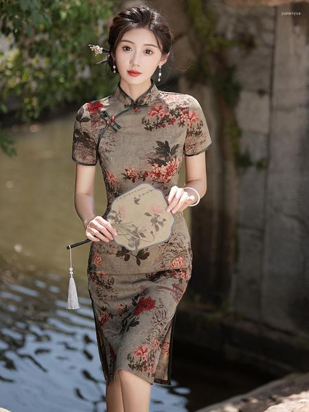 Vêtements ethniques FZSLCYIYI Satin imprimé traditionnel à manches courtes mi-longueur Cheongsam femmes cérémonie Qipao chinois robes de soirée féminines