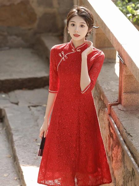 Ropa étnica FZSLCYIYI Vintage Siete puntos Manga Bordado Gasa A-Line Qipao Chino Mandarin Collar Cheongsam Mujeres Vestido de novia