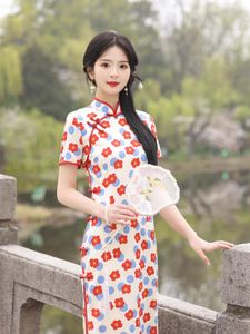 Vêtements ethniques Style doux rouge été Cheongsam doux Vintage femmes Floral longue robe chinois quotidien femme Qipao robes