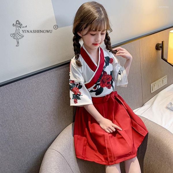 Vêtements ethniques Fille Robe Japonaise Kimono Costume Floral Tops Jupe Femmes Asiatiques Enfants Yukata Haori Vêtements Enfant Imprimer Kawaii Robe Ensembles