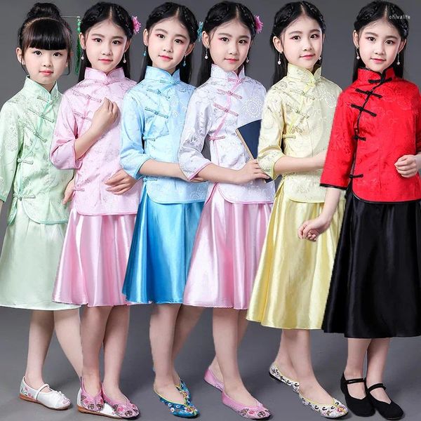 Ropa étnica niña kid cheongsam topskirt coro coro vintage estilo chino qipao mandarin collar hanfu set de cosplay