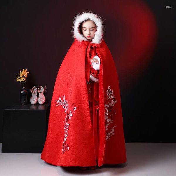 Ropa étnica Hanfu de niña Capa roja Bordado de invierno Capa larga Niños chinos Manto antiguo Ropa de año para niños Mantener caliente Navidad