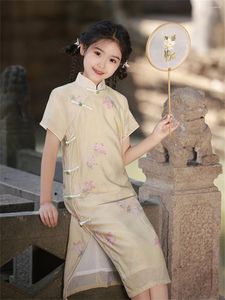Vêtements ethniques Girls 2024 Été Sweet Chinois Traditionnel Amélioration de la princesse Hobe National Style Cheongsam Qipao cadeau d'anniversaire