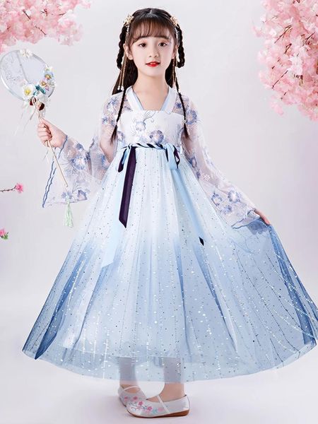 Vêtements ethniques Filles Antiquité Hanfu Chinois Traditionnel Manches Longues Fleurs Brodées Dégradé Paillettes Princesse Robe Costumes Enfants