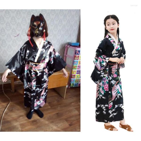 Vêtements Ethniques Filles Robes Kimono Japonais Yukata National Japon Robe Traditionnelle Satin De Soie Oriental Robe De Bain Avec Obi Performance