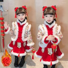Vêtements ethniques filles Tang Costume 2023 robe d'hiver année chinoise Costume rouge bébé velours épaissi ancien vêtements chauds enfants Cheongsam