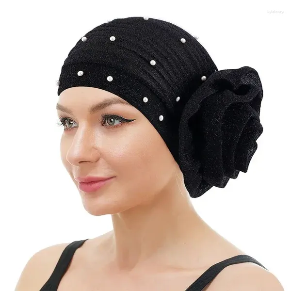 Ropa étnica Brillo Brillante Turbante Mujeres Musulmanas Hijab Islámico Chemo Cap Big Flower Headscarf Pearl Beaded Head Wrap Cover Bonnet Pérdida de cabello