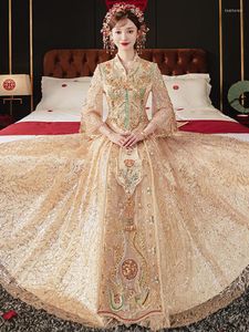 Vêtements ethniques Or Paillettes exquises Broderie perlée Mariage Toast Velour Cheongsam Robe de mariée traditionnelle chinoise Qipao Vestidos