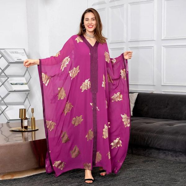 Vêtements ethniques Gold Stamping Batwing Sleeve Abaya Robe pour femmes Ruban V Cou Robe Europe et Amérique Moyen-Orient Dubaï Vêtements 2024