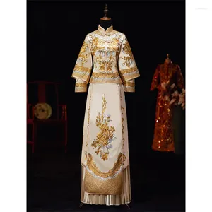 Etnische kleding gouden champagne Xiuhe Cheongsam top elegante bruid traditioneel Chinees voor dames trouwjurk borduurwerk tangpak