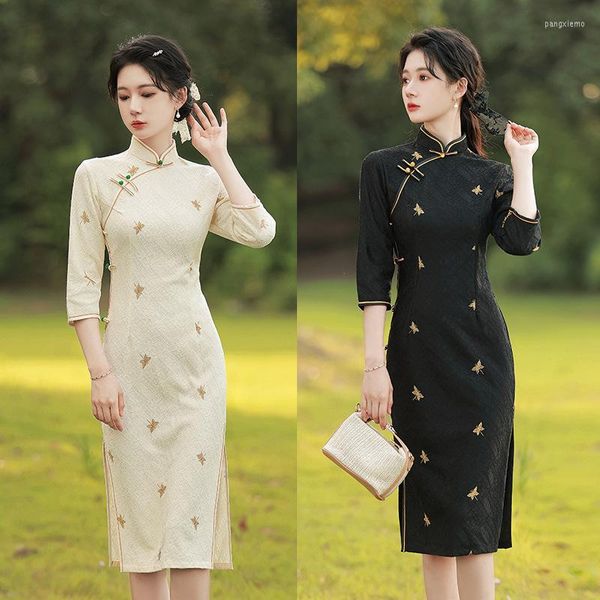 Ropa étnica Precioso collar mandarín chino tradicional mujeres qipao delgado algodón lino largo tenedor damas cheongsam vintage