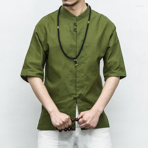 Vêtements ethniques Chemisier de style chinois vert Oriental Mens Grandes tailles Lâche Coton Lin Vêtements d'été Zen Vêtements Costume national
