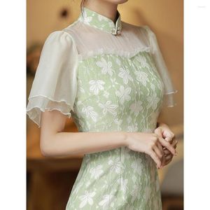 Ropa étnica verde cola de pez Cheongsam Floral gasa suelta manga corta Vintage vestido ajustado medio largo transparente Qipao S a XXL