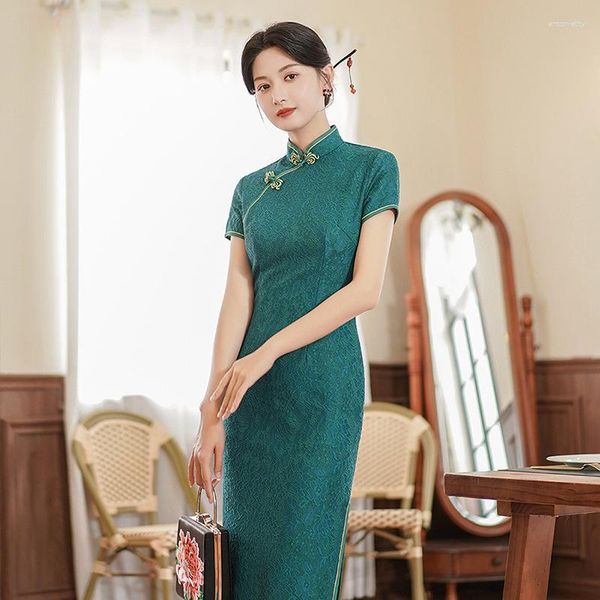 Ropa étnica encaje verde mujeres Cheongsam vestido Vintage de talla grande chino tradicional moda verano vestidos Casual Qipao M a 4XL