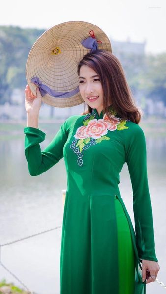 Ropa étnica Peony Green aodai Vietnam Vestido Cheongsam Vietnamita Traduos tradicionalmente orientales pantalones y túnica