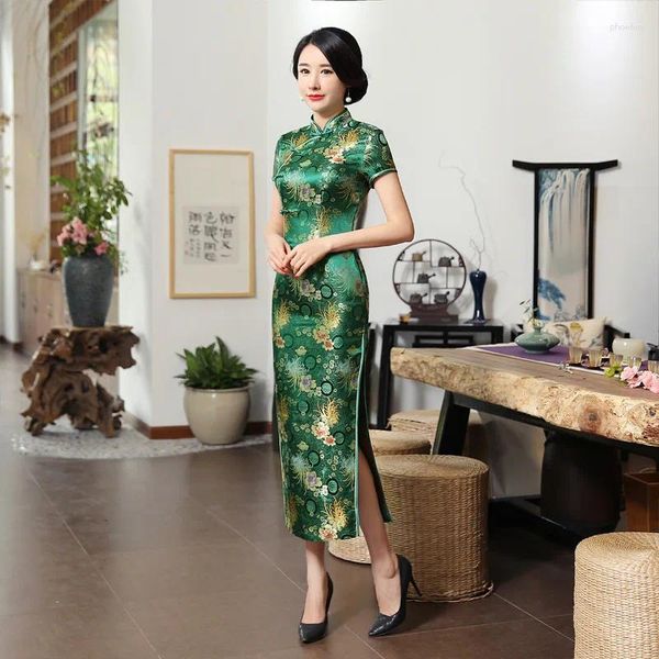 Vêtements ethniques Vert Satin Fleur Cheongsam Chinois Classique Femmes Sexy Qipao Élégant À Manches Courtes Longue Nouveauté Robe De Haute Qualité 3XL