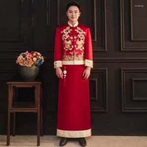 Ropa étnica Novio Dragón rojo Lentejuelas Rebordear Bordado Qipao Vestidos de novia Traje Tang Hanfu Estilo chino tradicional