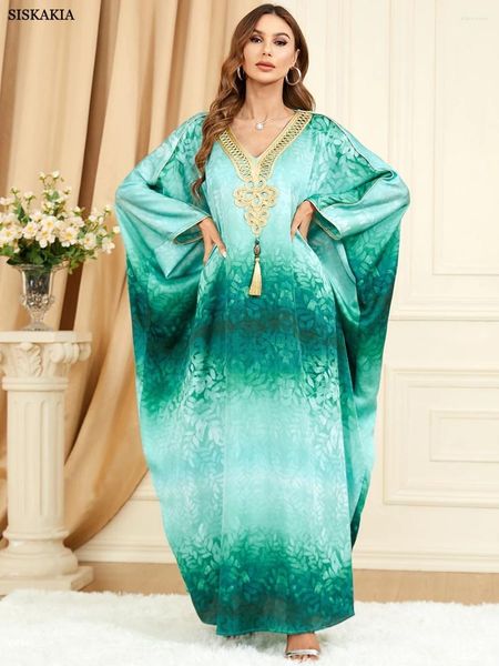 Vêtements ethniques Gulf Abayas pour femmes Boho rétro Tie Dye imprimé Maxi robe manches chauve-souris bande de dentelle col en V Kimono arabe robes lâches décontractées